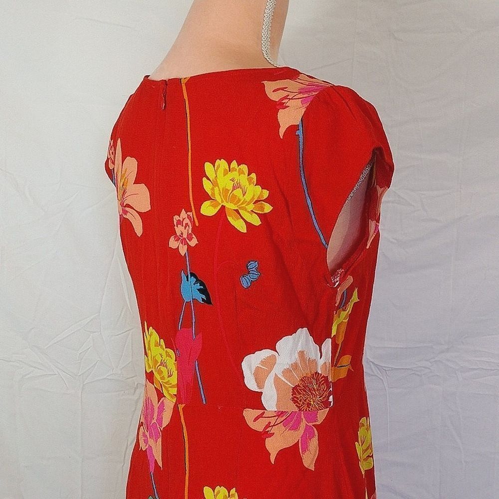LOFT Orange Red Lily Floral Cap Sleeve Side Slit Midi Dress SMALL - Picture 11 of 16